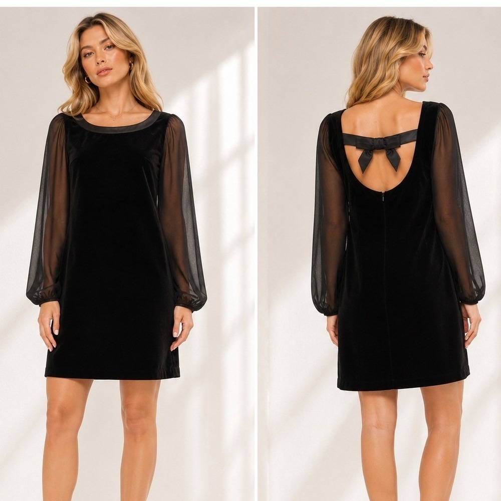 WHBM Black Velvet Sheer Balloon Sleeves Bow Back Shift Dress Size 0